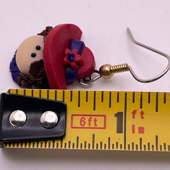 Red Hat Society Dangle Earrings Vintage Lady Head Polymer Clay - Picture 2 of 6